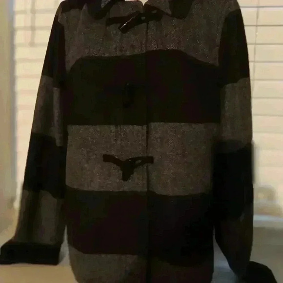 Women's Old Navy Wool Blend Hooded Toggle Coat Size L Black Grey Striped - Picture 6 of 13